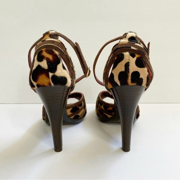 MAXMARA BROWN TAN LEOPARD PONY HAIR SUEDE ANKLE STRAP PEEP TOE HIGH HEELS - Picture 4 of 8